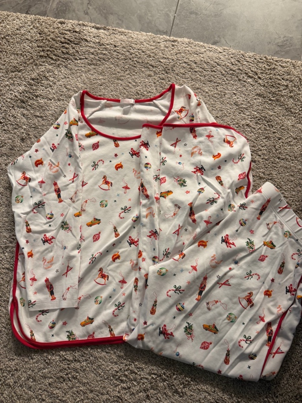 Girls White Nutcracker Holiday Pajama Set with Red Trim